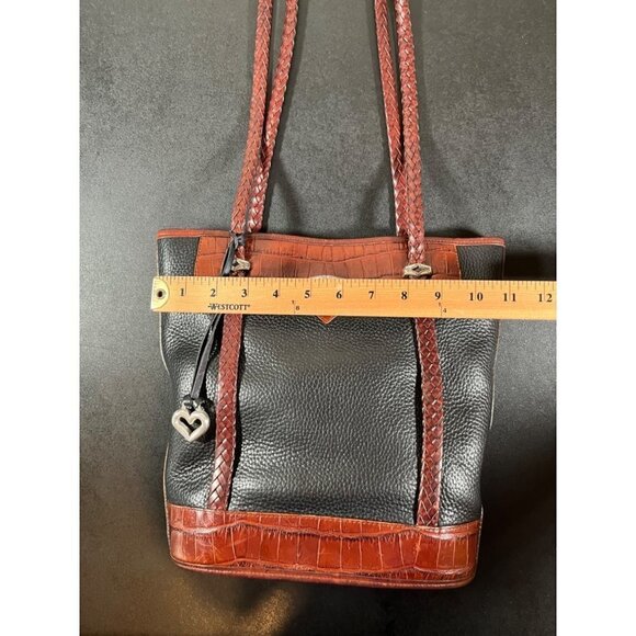 BRIGHTON Pebbled Black Leather Bucket Bag Purse Embossed Brown Croc Leather - Picture 13 of 16